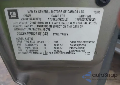 2002 Chevrolet Silverado 1500 из США, поврежденный, VIN 2GCEK19V821181943